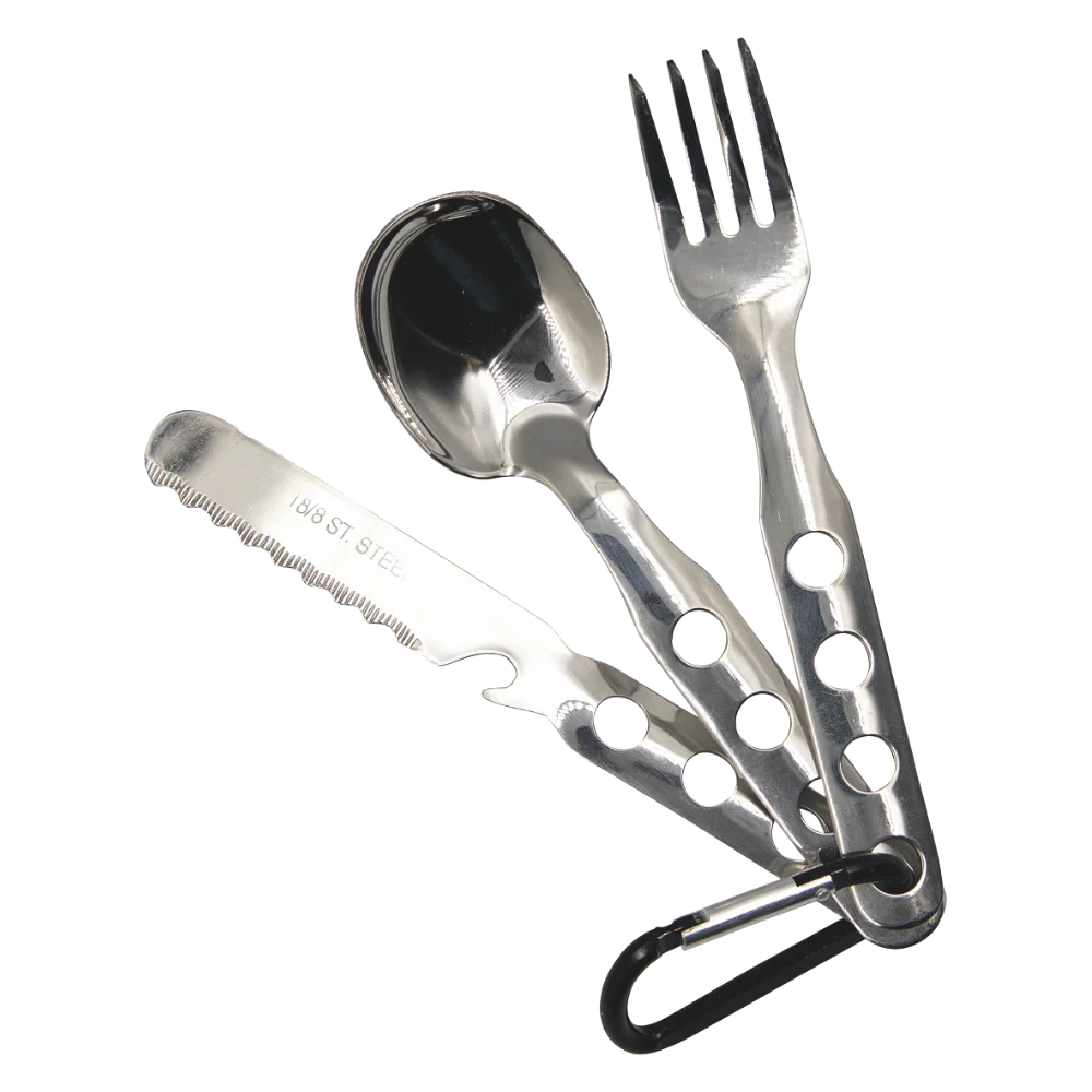 Set de cubiertos de acero con mosquetón de aluminio