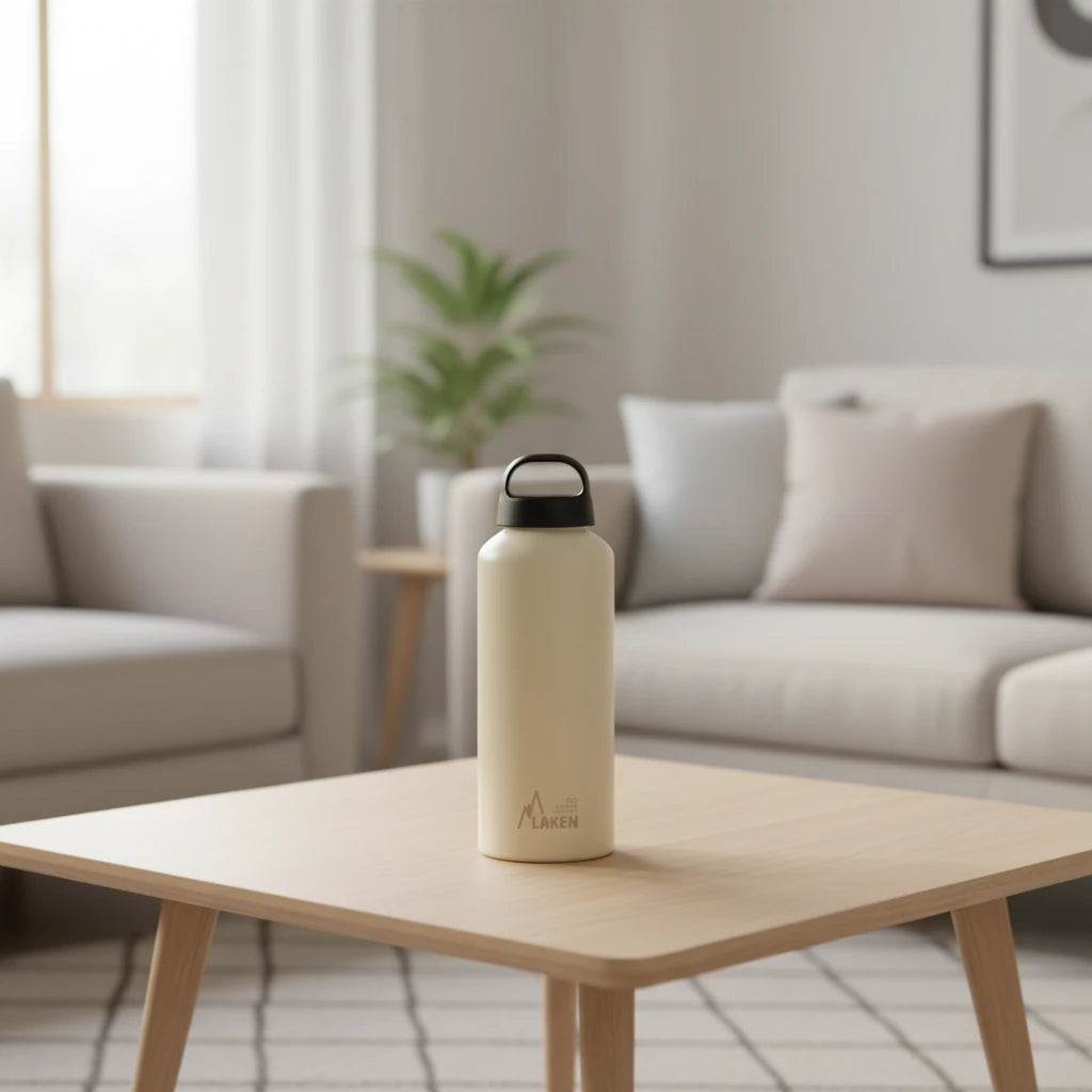 Botella LAKEN Classic de aluminio color crema mate apoyada en una mesa de un salón de casa
