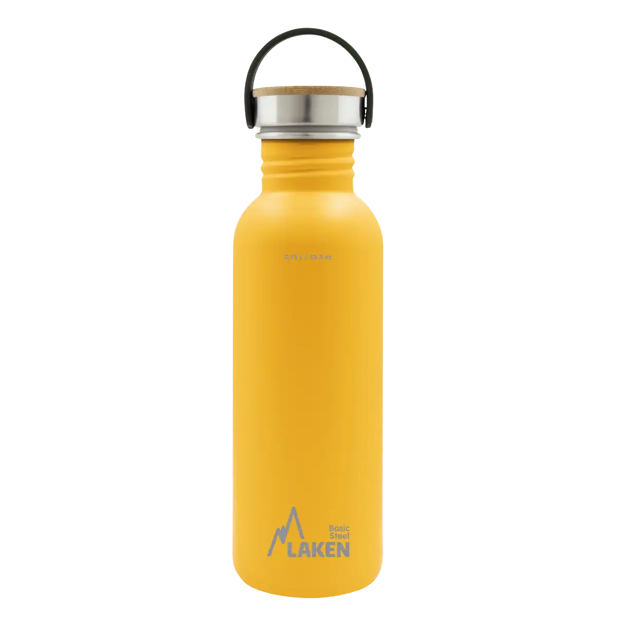 Botella de acero BASIC STEEL amarilla de 0,75 litros con tapón BAMBÚ