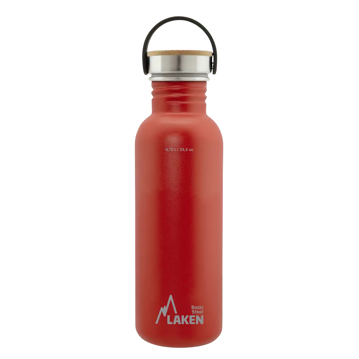 Botella de acero BASIC STEEL roja de 0,75 litros con tapón BAMBÚ