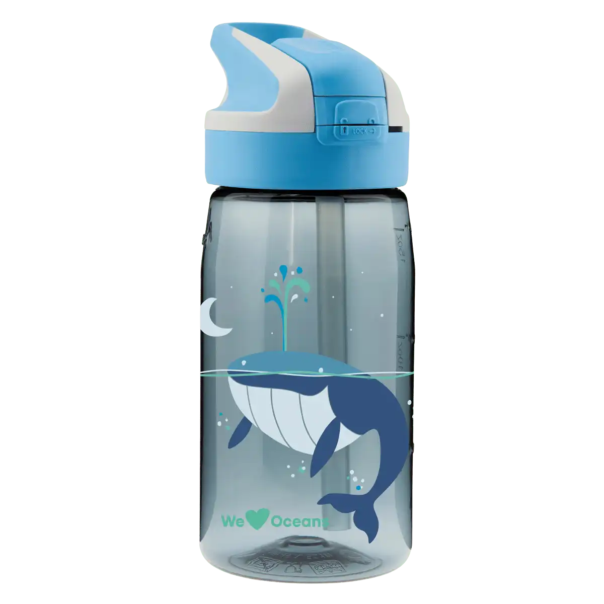 Botella de Tritan azul con tapón Summit y diseño de una ballena durante la noche