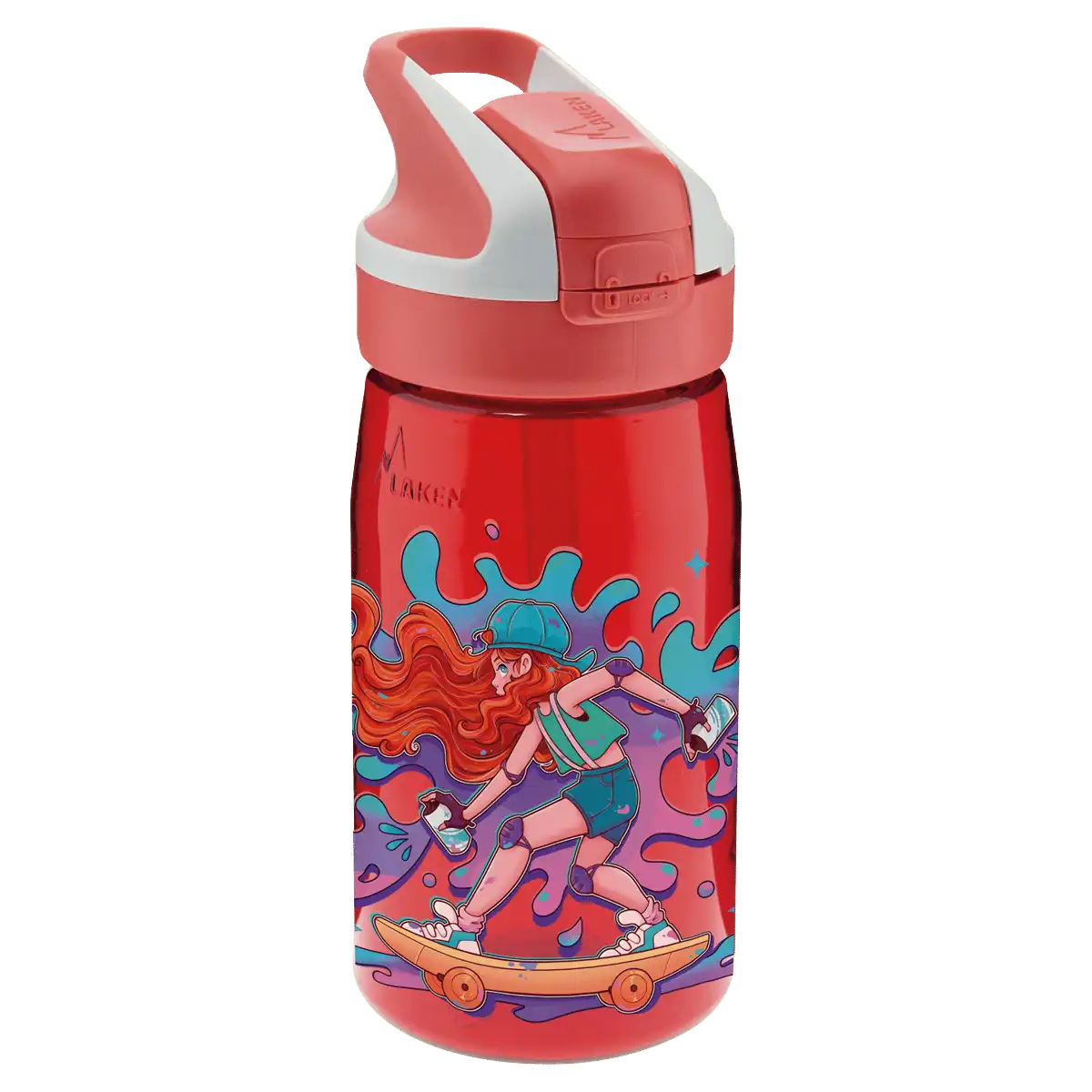 Botella de Tritan roja con tapón Summit y diseño de una adolescente en su skate mientras hace un grafiti