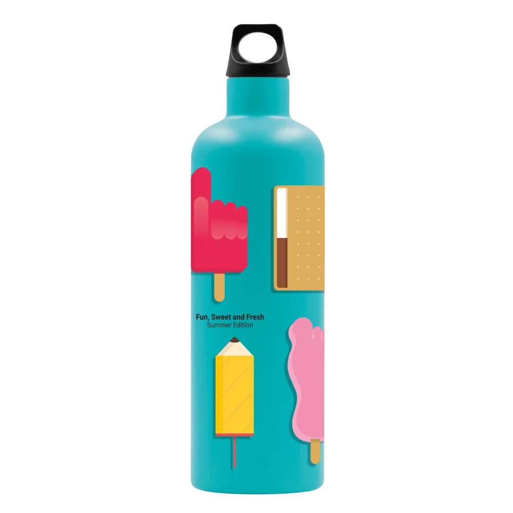 Cara trasera de la botella Fun, Sweet and Fresh, Summer Edition de LAKEN en color turquesa