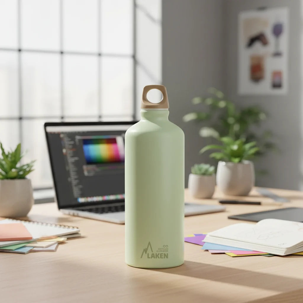Botella LAKEN Futura de aluminio color verde mate apoyada en una mesa de una oficina