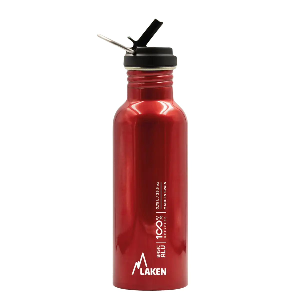 Botella de aluminio BASIC ALU roja de 0,75 litros con el tapón FLOW abierto