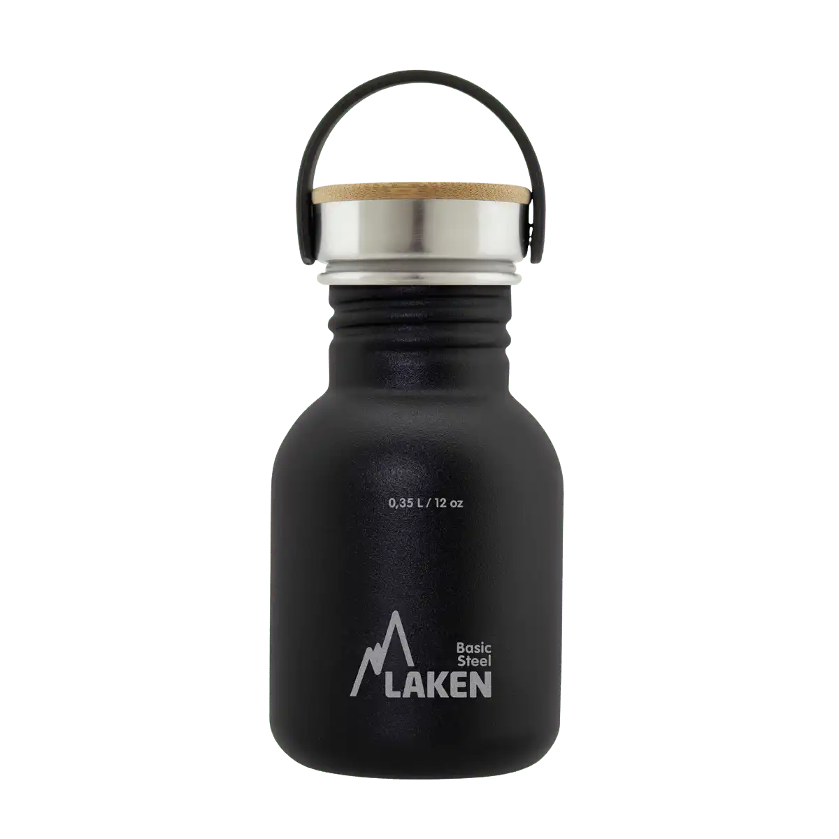 Botella de acero BASIC STEEL negra de 0,35 litros con tapón BAMBÚ