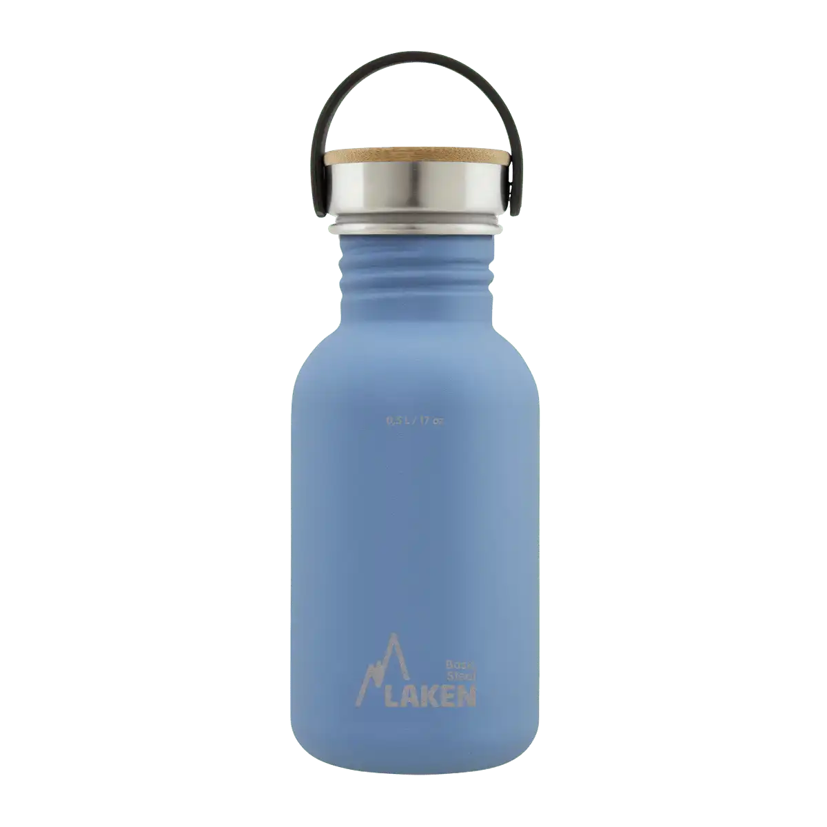Botella de acero BASIC STEEL azul de 0,5 litros con tapón BAMBÚ