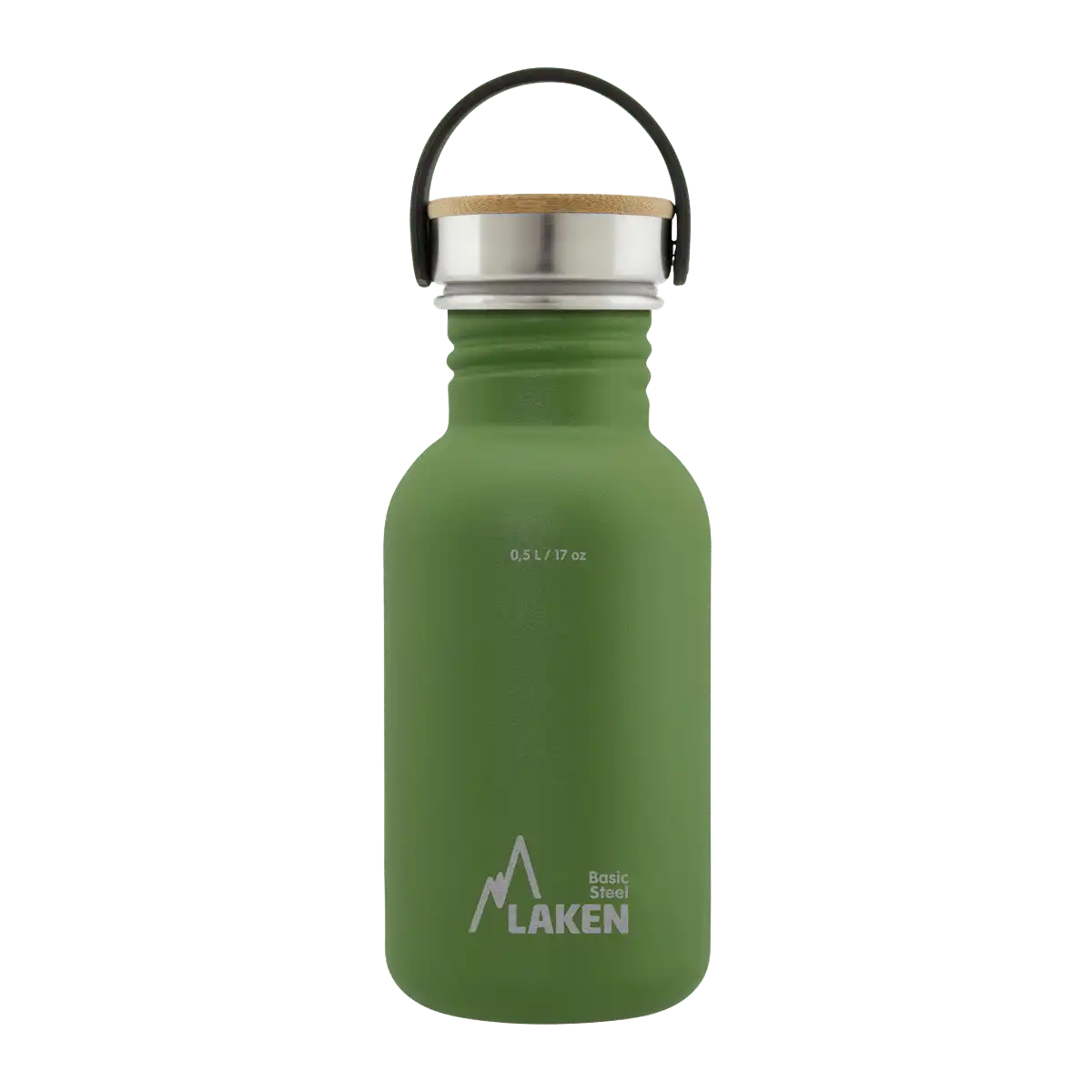 Botella de acero BASIC STEEL verde oliva de 0,5 litros con tapón BAMBÚ