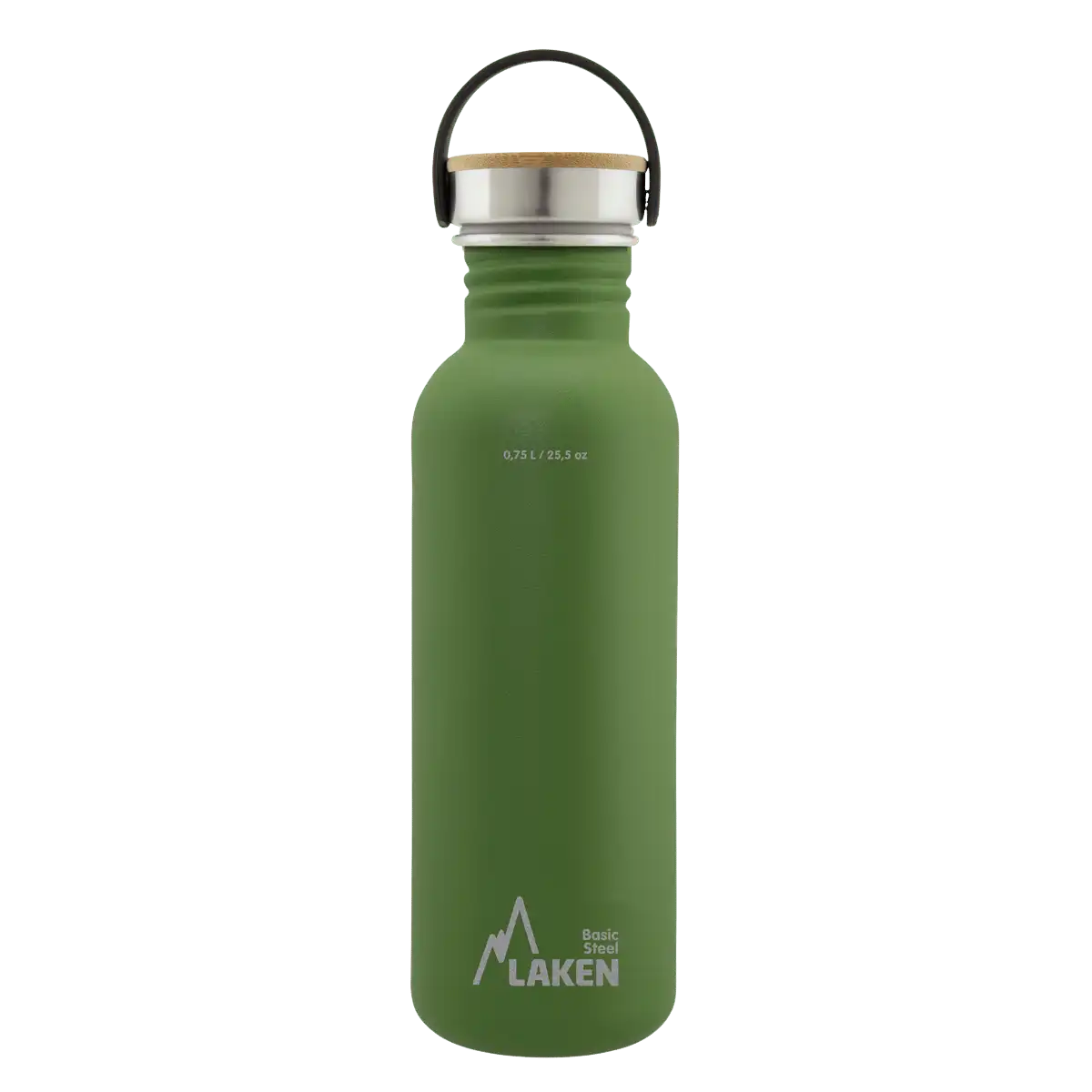 Botella de acero BASIC STEEL verde oliva de 0,75 litros con tapón BAMBÚ