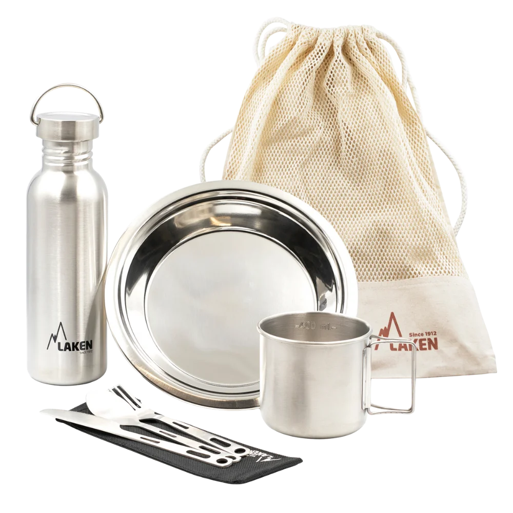 Set de Campement II – Gourde Vintage™ 0,75L, Assiette, Tasse, Couverts et Sac