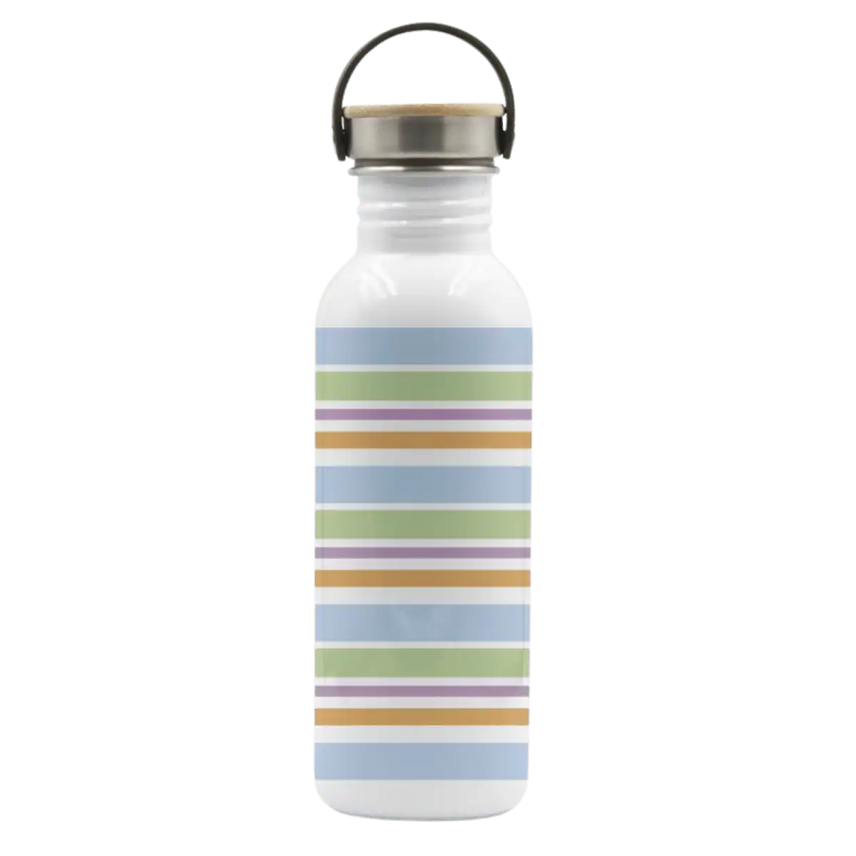 Botella de acero BASIC STEEL de 0,75 litros con tapón BAMBÚ e ilustración de rayas de colores