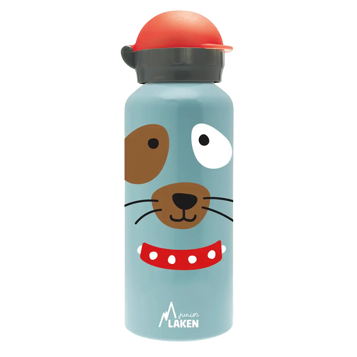 Botella de aluminio azul con tapón Hit rojo con diseño de una cara de un perro