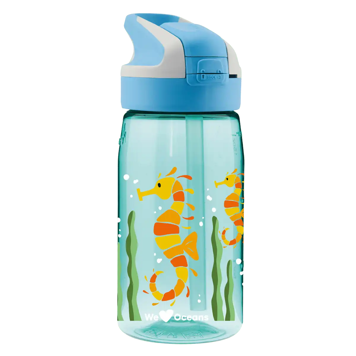 Botella de Tritan azul con tapón Summit y diseño de caballitos de mar en el agua