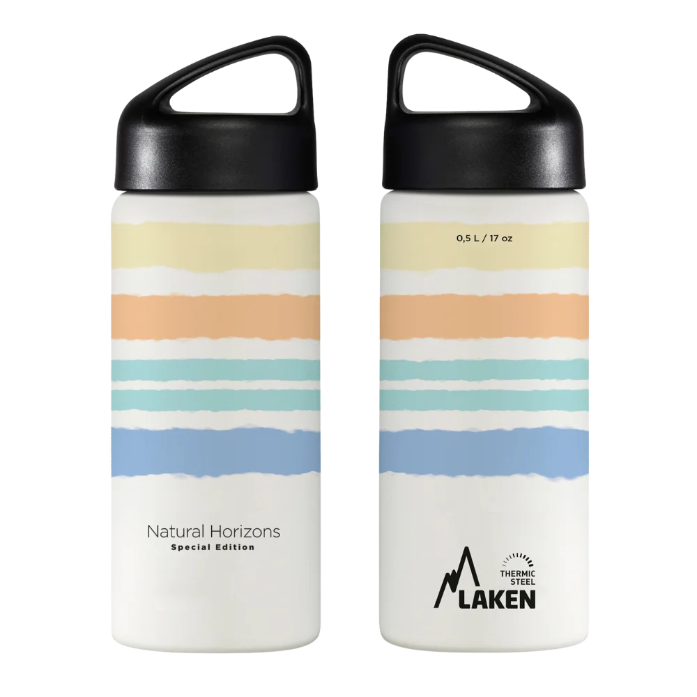 Cara frontal y trasera de la botella Natural Horizons de LAKEN de 0,5 litros