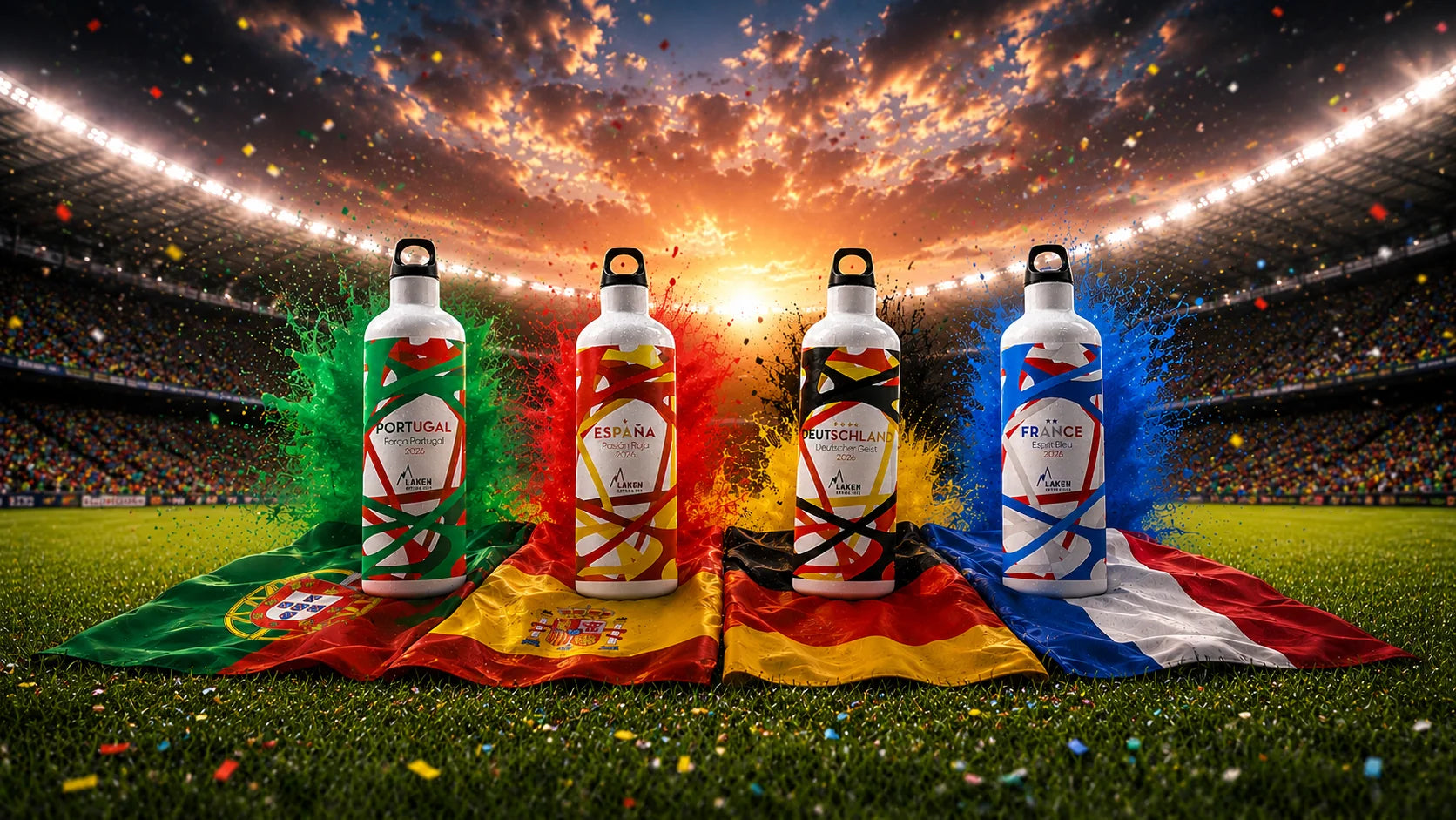 Botellas térmicas LAKEN edición Selecciones 2026 en el campo de fútbol de un estadio
